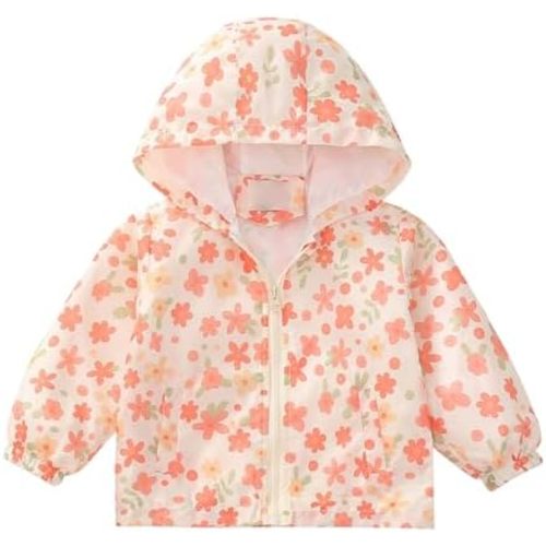 Toddler Baby Girls Windbreaker Rain Jacket with Pocket Cute Hoodie Flower Zip-Up Lightweight Coat Outdoor Clothes