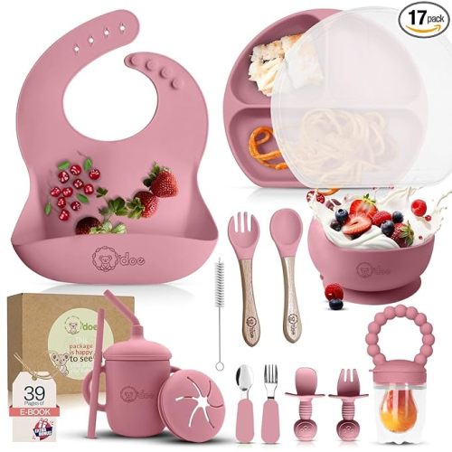 O'doe 17-Piece BPA-Free Silicone Baby Feeding Set | Thick & Soft Suction Plates, Baby Bowls, Wooden Fork & Spoon, and More | Make Mealtime Fun and Easy for Your Little One | Pink, V2