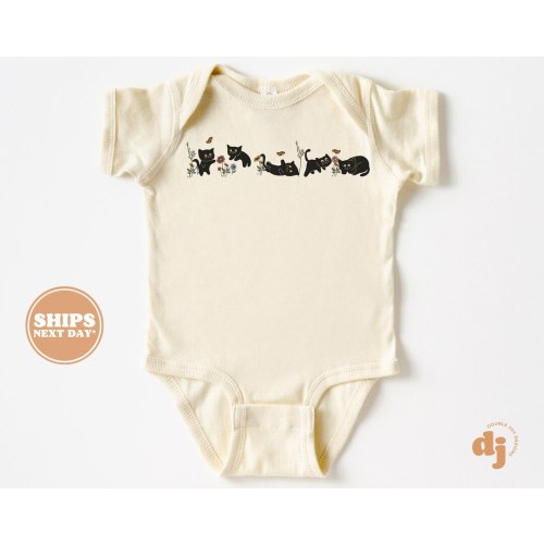 Baby Bodysuit - Playful Cats Bodysuit - Cute Retro Natural Baby Bodysuit #5669