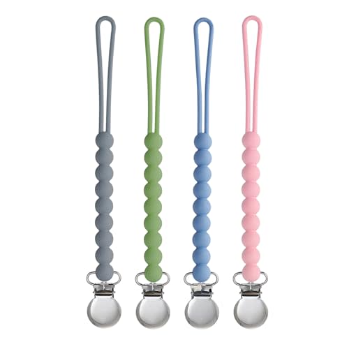 Pacifier Clip for Boys Girls - MORIBOX 4 Pack Paci Clip Soothie Baby Binky Holder for Shower Gift Birthday (Dgrey+Dgreen+Blue+Lpink)