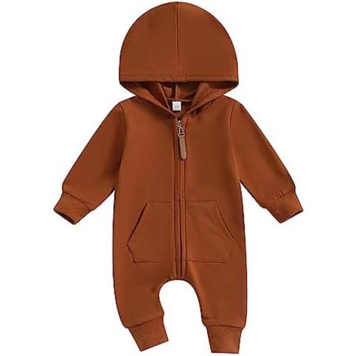 allshope Newborn Baby Boy Girl Fall Outfit Romper Long Sleeve Hooded Solid Zipper Jumpsuit Bodysuit Infant Clothes