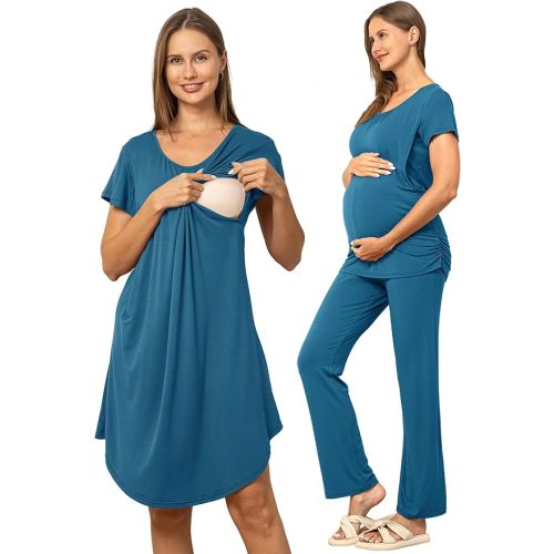 SUNNYBUY Women 3 PCS Maternity Nursing Nightgown Dress & Short Sleeve Breastfeeding Top & Pregnancy Pants Sleepwear Set