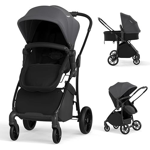 BABY JOY 2 in 1 Baby Stroller, High Landscape Convertible Bassinet Stroller with Reversible Seat, Adjustable Backrest & Canopy, Foldable Pushchair Pram Stroller for Newborn Toddler 0-36 Months (Gray)