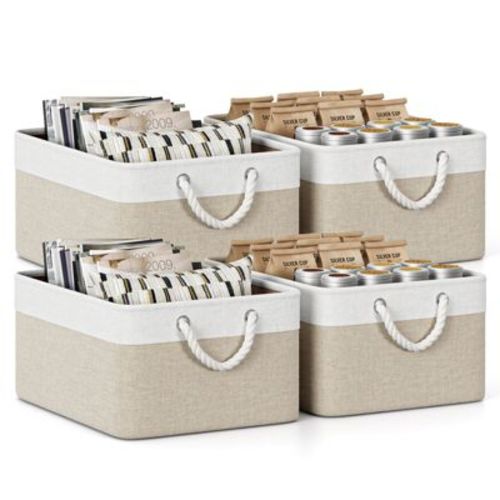 SUGIFT Fabric Storage Basket Set, Cotton & Linen Storage Bins with Rope Handles for Living Room, Bedroom or Closet (4-Pack)