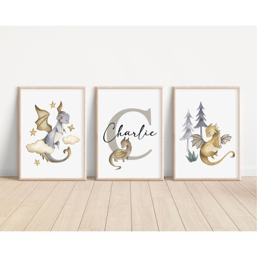SET OF 3 Personalised Baby Dragons Prints, Kids Bedroom Decor, Baby Dragons Nursery Wall Art, Baby Dragons Kids Room, Baby Dragons Wall Art