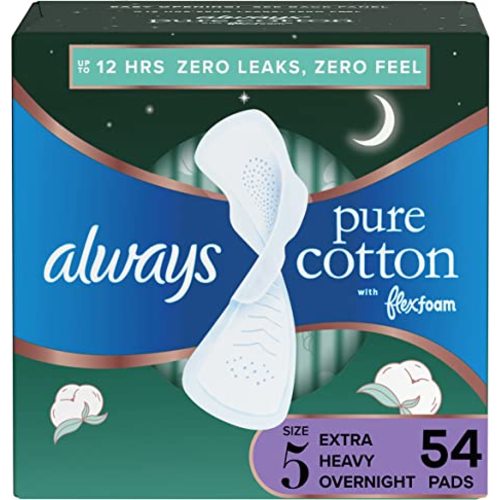 Always Pure Cotton, Feminine Pads For Women, Size 5 Extra Heavy Overnight Absorbency, Multipack, With Flexfoam, With Wings, Unscented, 18 Count x 3 Packs (54 Count total)