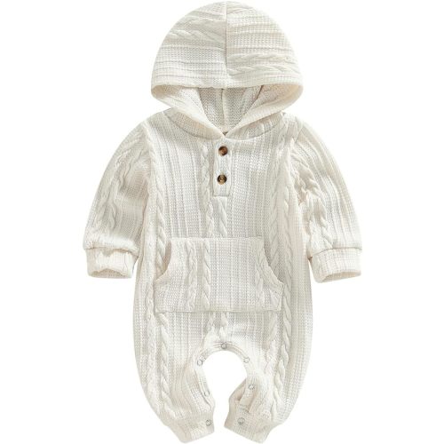 Infant Boys Girls Knit Sweater Romper Baby Toddlers Long Sleeve Hooded Button Up Winter Outfits with Pocket