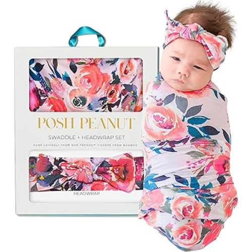 Posh Peanut Swaddle Blanket & Headband Set – Viscose from Bamboo Stretchy Baby Swaddle for Newborn Girls, Receiving Blanket or Nursing Cover