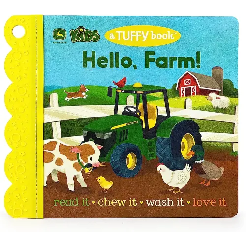 Tuffy John Deere Kids Hello, Farm! - Washable, Chewable, Unrippable Pages With Hole For Stroller Or Toy Ring, Teether Tough (A Tuffy Book)
