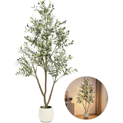 6FT Artificial Olive Tree with Lights & Planter, Realistic Faux Olive Plant