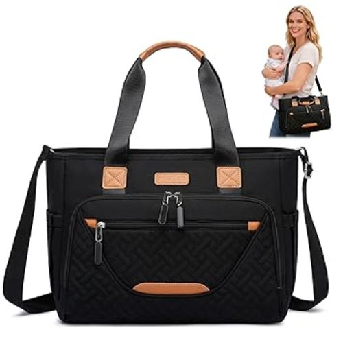 FHELAD Diaper Tote Bag, 4 in 1 with 16" Laptop Compartment, Black | 3 Insulated Pockets, For Nurse, Travel & Work Use
