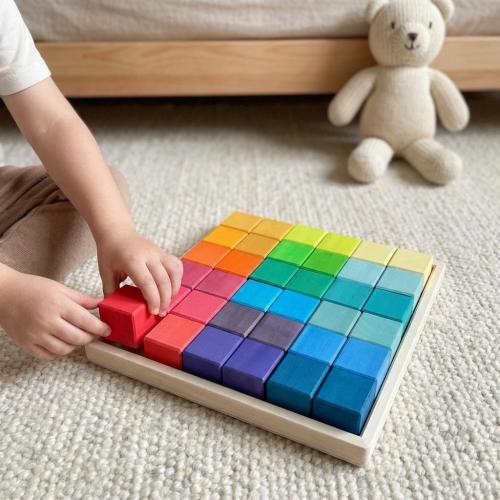 Beech Wood Rainbow Blocks Set, 36 Piece Color Sorting Cube Toy with Wooden Tray
