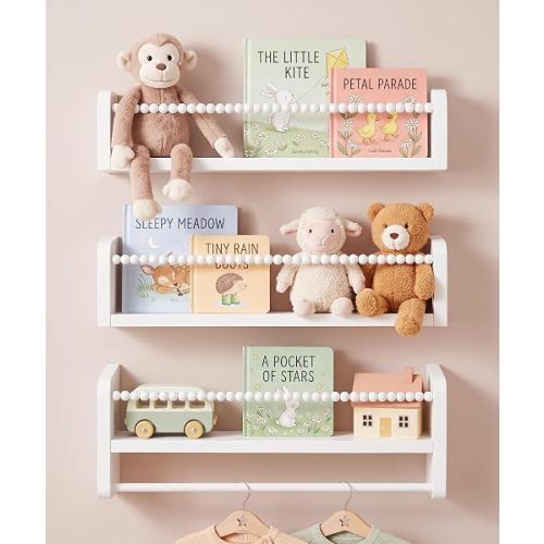 Nursery Shelves for Wall Set of 3, Natural Wood Floating Shelves