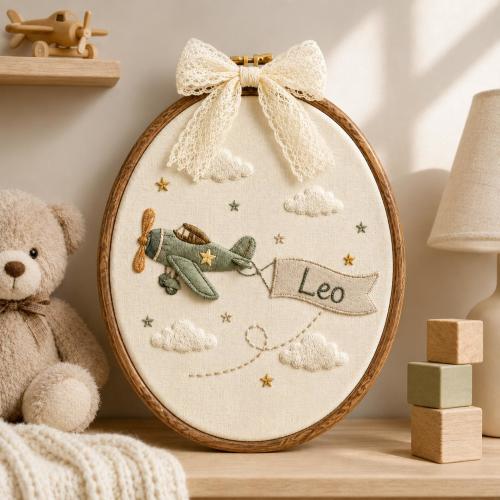 Personalized Airplane Baby Name Sign, Embroidered Baby Name Hoop, Aviation Baby Room Decor, Custom Kids Name Nursery Decor, Baby Shower Gift