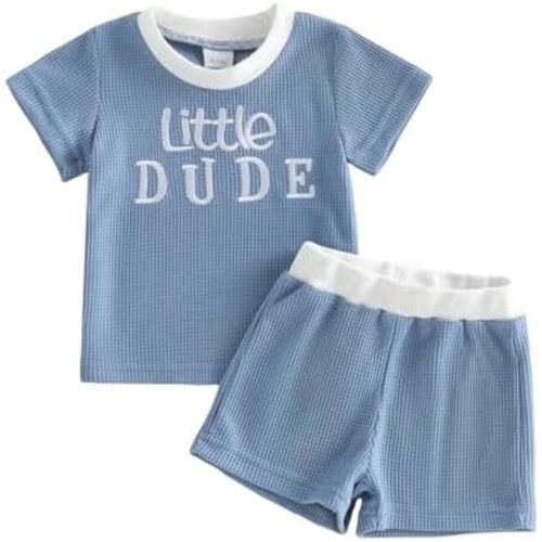 VISGOGO Baby Toddler Boy Summer Outfit Little Dude Emboridery T-shirt Clothes 6 12 18 Months 2 3 4 T Short Set