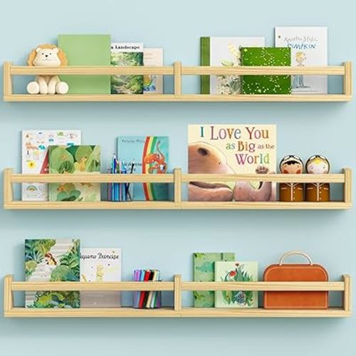Floating Nursery Book Shelves for Wall, 32 Inch Long Bookshelf for Kids Room, Wooden Large Wall Shelf with Hanging Rod for Baby Toddler Child Bedroom (3-Pack, Natural Wood)