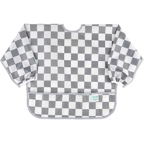 Bumkins Sleeved Bib for Girl or Boy, Baby and Toddler for 6-24 Mos, Essential Must Have for Eating, Feeding, Baby-Led Weaning Supplies, Long Sleeve Mess Saving Food Catcher, Fabric, Gray Check