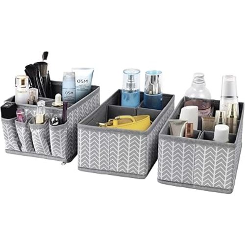VERONLY Cosmetic Storage Bins Makeup Organizer, Adjustable Multifunction Storage Box Desk Drawer Divider for Makeup Brushes, Bathroom Countertop or Dresser, Set of 3 (Grey)