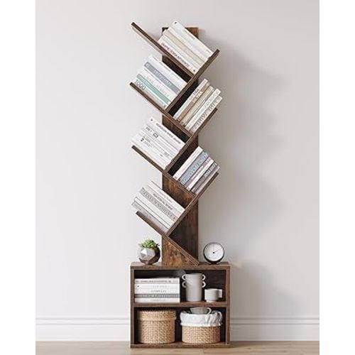 SUNMORY 6 Tier Tree Bookshelf, Small Bookcase with Storage Cabinet, Modern Tall Narrow Bookshelves Organizer, Floor Standing Book Shelf for Bedroom/Living Room/Home Office/Corner, Rustic Brown