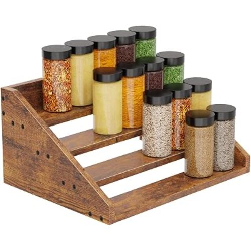 4 Tier Wood Spice Rack Organizer for Cabinet, Super Sturdy Display Riser Shelf Seasoning Organizer for Countertop Pantry Cupboard, Retro Storage Holder for Kitchen Condiment Jar Spice Container