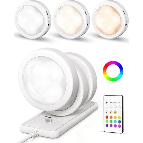 EZVALO 6-Pack Rechargeable Puck Lights with Charging Station, Under Cabinet Lighting with Remote, 2.95'' Mini Tap Lights, 16 RGB Colors & 3 Color Temperatures, Dimmable Stick-On Lights