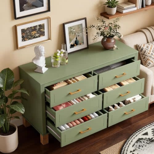Modern 6 Drawers Double Dresser with Metal Handles for Bed Room, Sage Green | Dresser Chest of Drawers with Solid Wood Legs, Wood Closet Storage Organizer for Living Rooms