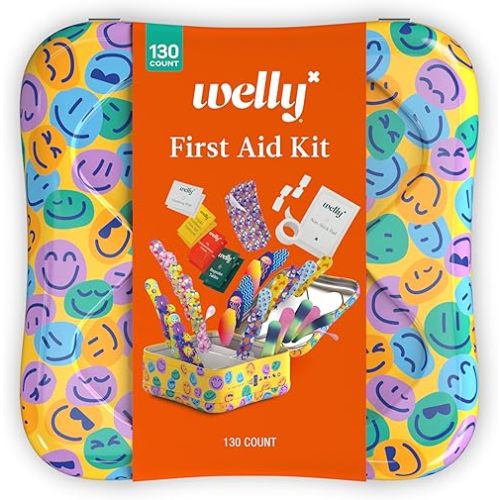 Welly First Aid Kit - Adhesive Flexible Fabric and Waterproof Bandages, Tape and Non-Stick Pads, Butterfly Strips, Single Use Ointments Triple Antibiotic and Hydrocortisone, and Ibuprofen - 130 Count