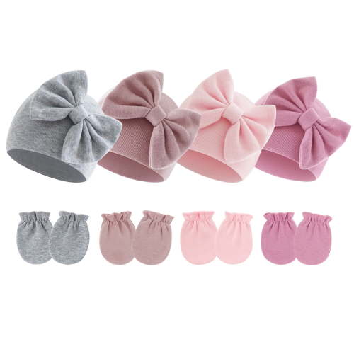 Dalrosia Newborn Baby Girls Hats Mittens Set Hospital Hat Beanie Infant Bow Hats Baby Cotton Gloves for 0-6 Months