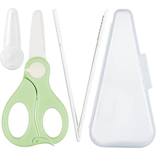 Baby Food Scissors with Travel Case and Tongs Set, Fully Detachable Ceramic Kids Food Scissors with Safety Lock, Dishwasher Safe, Ideal for Noodles, Meats, Vegetables, Pizza and Fruits (A)