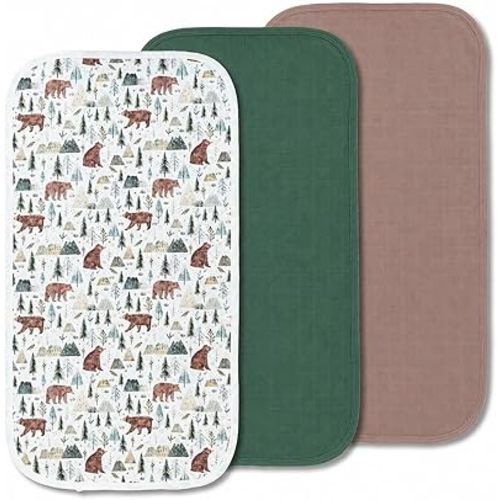 Miaoberry Organic Muslin Portable Changing Pad Liner – Waterproof Reusable Baby Diaper Changing Pad Cover for Travel, Forest Woodland Bear, 3 Pack