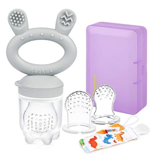 Haakaa Baby Food Feeder/Fruit Feeder Pacifier Silicone Baby Feeder Teether for Babies Infant Teething Toys for 3 Months+ BPA Free, with Pacifier Clip & Travel Case(1 Pack, Slate Grey)