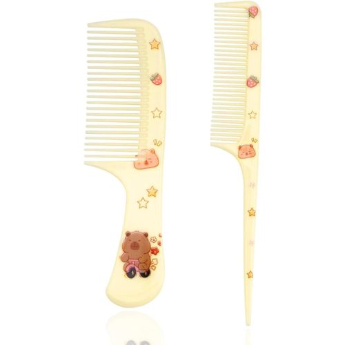 2pcs Cute Mini Hair Comb Set, Capybara Plastic Fine Tooth & Rat Tail Combs for Toddlers Baby Kids and Women Anti-Static Hairbrush for Hair Parting and Styling Dry Use (Beige)
