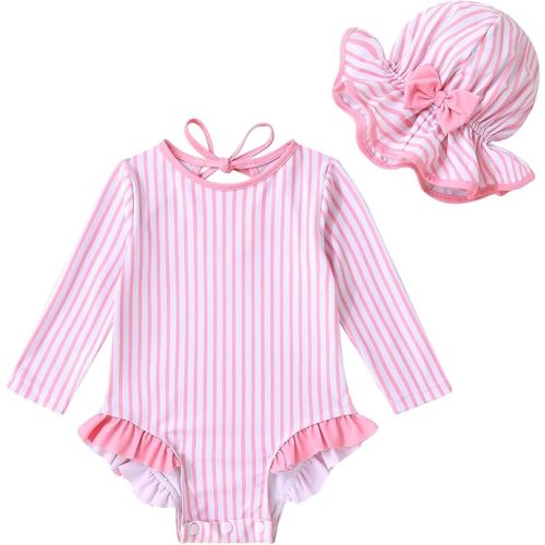 YOUNGER TREE Infant Baby Girls Swimsuit Long Sleeve Swimsuits One Piece Swimsuit Solid Color Bathing Suit with Hat, UPF 50+