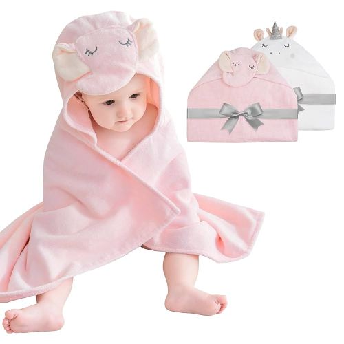 Softan 2 Pack Baby Hooded Towels, Premium Soft Cotton Baby Bath Towels with Hood, Extra Thick and Super Absorbent, Essential for Newborns, Infants and Toddlers (Pink Elephant & White Unicorn)