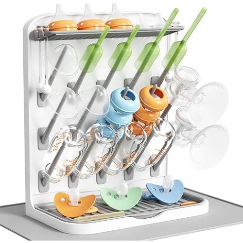 Lifewit Large Baby Bottle Drying Rack with Drain Mat, 15 Hooks Vertical Rack Dryer with Removable Pacifiers Box, Drip Tray, Space Saving Countertop Holder Organizer for Weighted Straws, Pump Parts