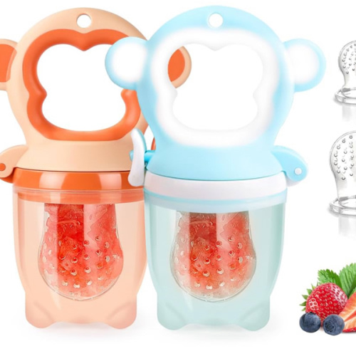Baby Fresh Fruit Feeder Pacifier, 2 Pack HAOBAOBEI Baby Teether for Chewing, Freezable Infant Teething Toy, Teething Relief, Food Feeder with 4 Silicone Pouch, BPA Free - Monkey (Orange & Blue)
