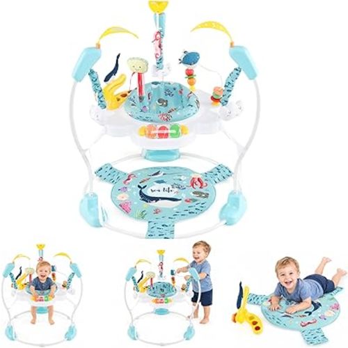 HONEY JOY Baby Bouncer Activity Center, Infant Jumper and Table w/ 360° Rotary Seat, 3 Adjustable Heights, Mat, Music, Lights, Sounds & Developmental Toys, Activity Center for Babies (Light Blue)