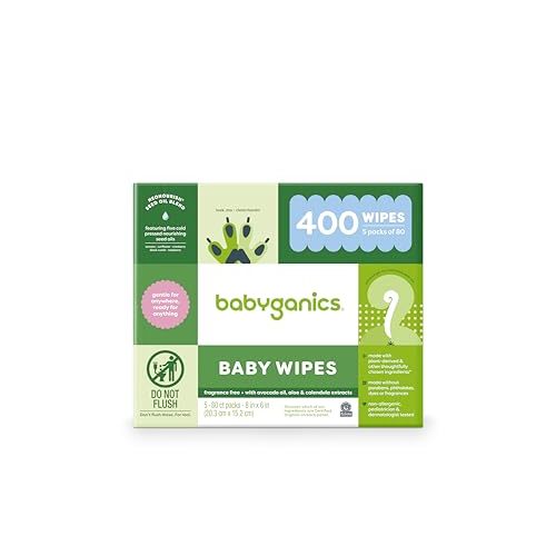 Babyganics Baby Wipes, Unscented Diaper Wipes, 400 Count, (5 Packs of 80), Non-Allergenic and formulated with Plant Derived Ingredients