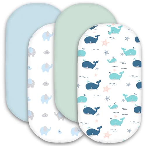 Little Grape Land Bassinet Sheets for Baby Boys 4 Pack, 33"x 18" Extra Soft Microfiber Bassinet Sheet Universal for Oval Rectangle and Hourglass Bassinet Mattress(Whale)
