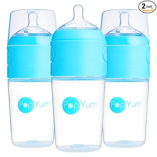 PopYum 9 oz Blue Anti-Colic Formula Making/Mixing/Dispenser Baby Bottles, 3-Pack with #2 Medium Flow Nipples, 260 ml, BPA-Free, Natural Latch
