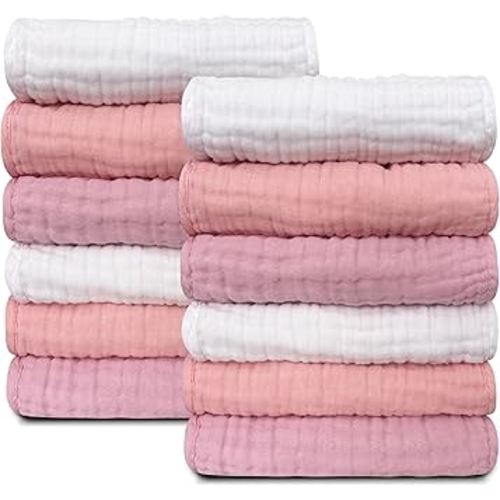 Sunny zzzZZ Baby Muslin Washcloths -100% Cotton Muslin Soft Baby Bath Wash Cloths and Absorbent Burp Cloths for Newborns Kids Girls and Boys -12 Pack, 12x12 Inches - White+Light Sakura Series
