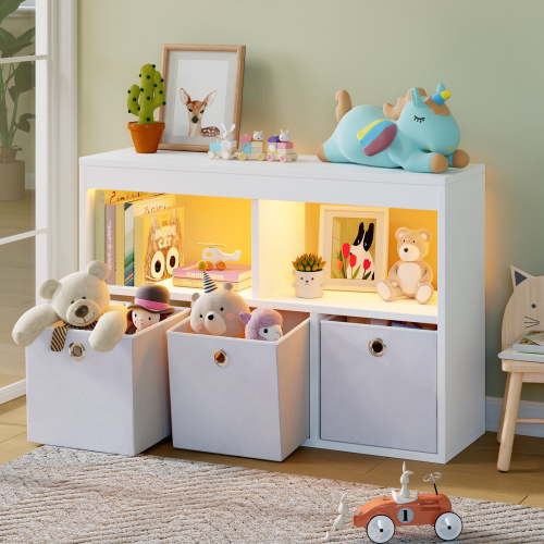 Pinmoco 5-Cube Reversible Open LED Kids Toy Storage Organizer with Three Marbled Fabric Drawers, White