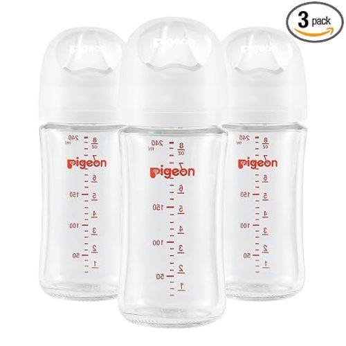 Pigeon Glass Baby Bottles Wide Neck, 8.1 Oz, Pack of 3 | Nurture & Nest, Borosilicate Glass, Anti-Colic Bottle, Natural Feel, Easy to Clean, Includes 3pcs Stage 3 Nipples (3M+)