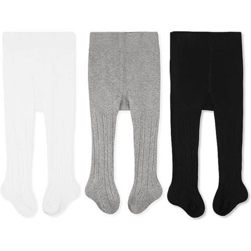 Cozyway Cable Knit Cotton Leggings/Tights for Baby Girls, 3 Pack, White/Gray/Black, 0-6 Months Old