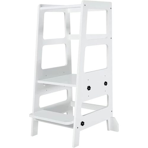 Toddler Step Stool Toddler Kitchen Stool, Adjustable-Height Toddler Tower Stool Kitchen Wooden Helper Step Stools for Kids, White