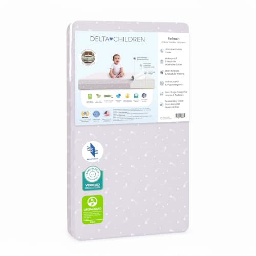 Delta Children Refresh 2-Stage Crib and Toddler Mattress - Breathable Cover and Core - Machine Washable - GREENGUARD Gold – Waterproof - Sustainably Sourced Core, Pink