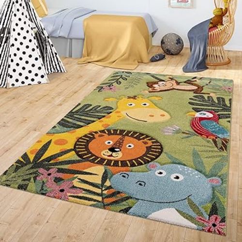 Paco Home Kids Rug with Happy Jungle Animals in Green, Size: 3'11" x 5'7"