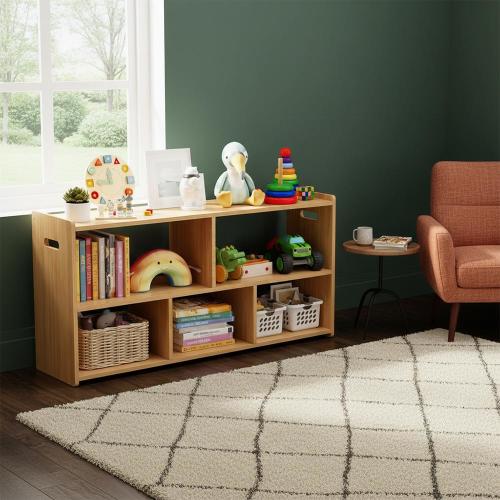 5-Compartment Montessori Toddler Bookcase - Natural Wooden Kids Bookshelf Organizer, 44.5" Wide for Nursery/Playroom/Classroom