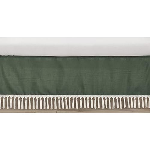Sweet Jojo Designs Dark Green Boho Boy Girl Gender Neutral Baby Crib Skirt Bed Dust Ruffle Bedskirt Straight Nursery Hunter Sage Modern Bohemian Farmhouse Southwest Shabby Chic Fringe Diamond Tuft