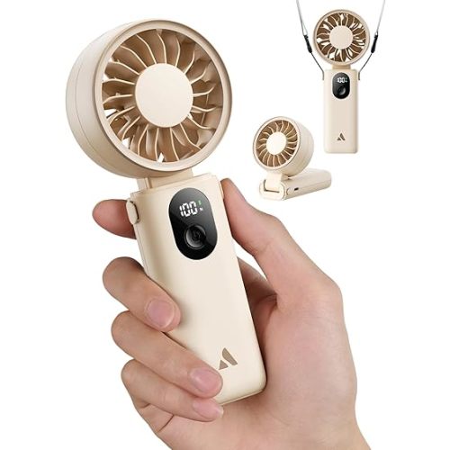 Aecooly Mighty Portable Handheld Fan | 20H Max Cooling Time | 3 Flexible Modes | 5 Speeds Wind | Battery Level Display | Mini USB Rechargeable Personal Battery Powered Fan Travel Gifts for Women-Beige
